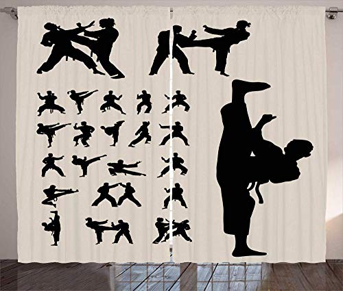 YZDAJIBA® Sombreado de cortina con efecto 3D y reducción de ruido. Cortinas Moonlight Taekwondo, siluetas de actividades profesionales de artes marciales 170*200 CM Cortinas opacas con ojales, cortina