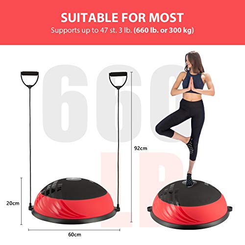 Z ZELUS 60 cm Pelota de Equilibrio Inflable con Bomba Bola de Yoga con 2 Bandas de Fitness Pelota de Yoga con Plataforma Capacidad 300 kg Equipo de Entrenamiento de Fuerza Yoga, Fitness (Rojo y negro)