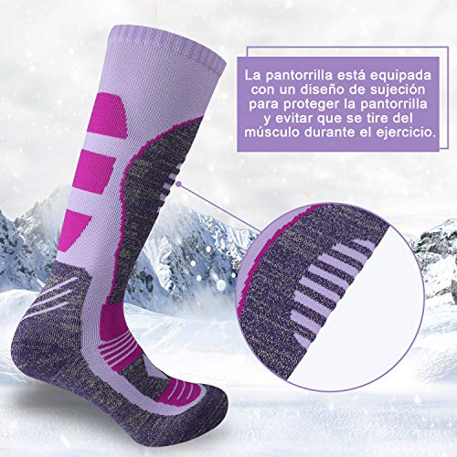 Zacro 2 Pares Calcetines de Esquí Térmicos Hombre,Calcetines Snowboard Más Grueso y Largo,Calcetines Esquí Íntimo y Cómodo,Púrpura