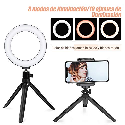 Zacro 6 Pulgadas LED Anillo de Luz Trípode y Soporte para Teléfono, 3 Modos de Luz y 10 Niveles de Brillo, Soporte para Selfie, Ring Light LED para Transmisión en Vivo, Movil, Selfie Zacro 6 Pulgadas LED Anillo de Luz Trípode y Soporte para Teléfono, 3 Modos de Luz y 10 Niveles de Brillo, Soporte para Selfie, Ring Light LED para Transmisión en Vivo, Movil, Selfie