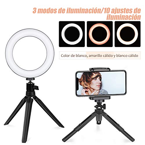 Zacro 6 Pulgadas LED Anillo de Luz Trípode y Soporte para Teléfono, 3 Modos de Luz y 10 Niveles de Brillo, Soporte para Selfie, Ring Light LED para Transmisión en Vivo, Movil, Selfie