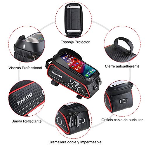 Zacro Bolsa Bicicleta Manillar,Soporte Bolsa Táctil Bicicleta Impermeable,Gran Capacidad para Bici y de Cremallera Doble Viseras para Moviles Debajo de 6 Inches Zacro Bolsa Bicicleta Manillar,Soporte Bolsa Táctil Bicicleta Impermeable,Gran Capacidad para Bici y de Cremallera Doble Viseras para Moviles Debajo de 6 Inches