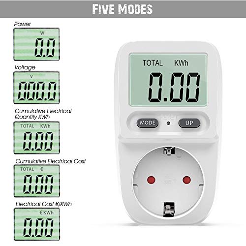 Zaeel Medidor de consumo de corriente del medidor de energía, medidor de consumo de energía eléctrica con pantalla LCD, protección contra sobrecarga, medidor de costo de energía, potencia máxima 3680W