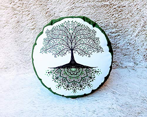 Zafu, cojín de meditación en tonos verde y blanco con mandala arbol de la vida verde diseñado por floresyabejas