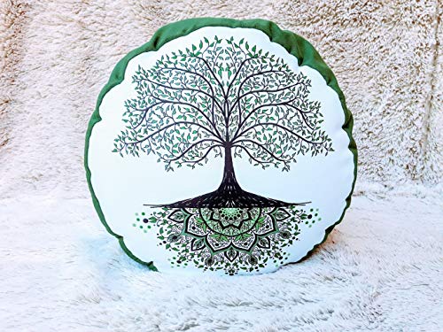 Zafu, cojín de meditación en tonos verde y blanco con mandala arbol de la vida verde diseñado por floresyabejas