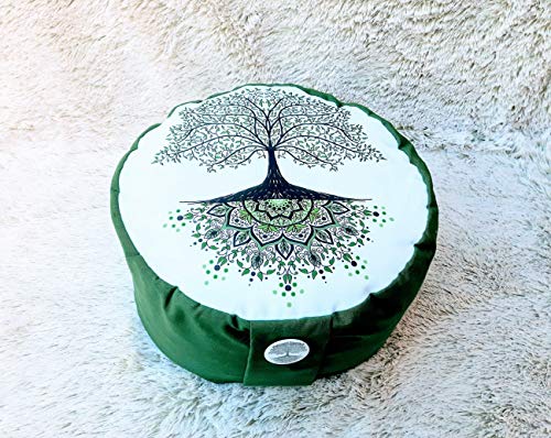 Zafu, cojín de meditación en tonos verde y blanco con mandala arbol de la vida verde diseñado por floresyabejas