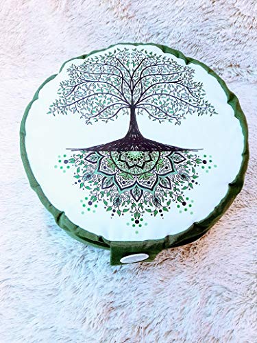 Zafu, cojín de meditación en tonos verde y blanco con mandala arbol de la vida verde diseñado por floresyabejas