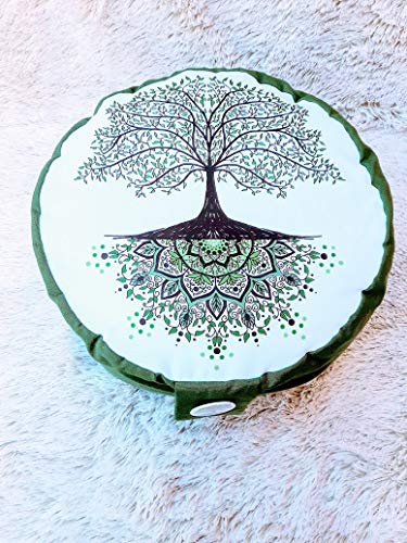 Zafu, cojín de meditación en tonos verde y blanco con mandala arbol de la vida verde diseñado por floresyabejas Zafu, cojín de meditación en tonos verde y blanco con mandala arbol de la vida verde diseñado por floresyabejas