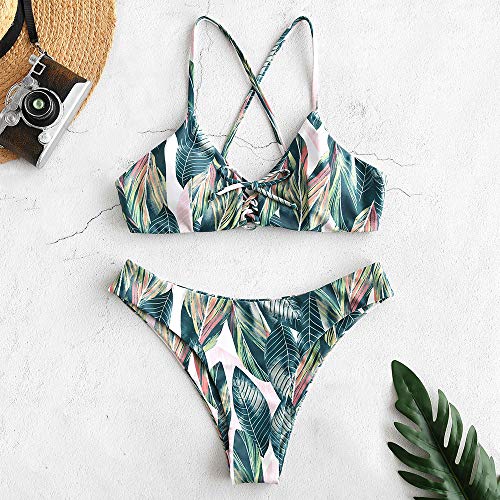 ZAFUL Bikini de verano para mujer, estampado de hojas, cordones, cruzado, traje de baño multicolor M ZAFUL Bikini de verano para mujer, estampado de hojas, cordones, cruzado, traje de baño multicolor M