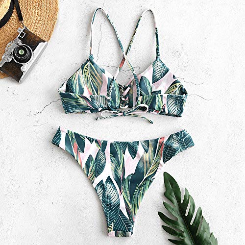 ZAFUL Bikini de verano para mujer, estampado de hojas, cordones, cruzado, traje de baño multicolor M ZAFUL Bikini de verano para mujer, estampado de hojas, cordones, cruzado, traje de baño multicolor M