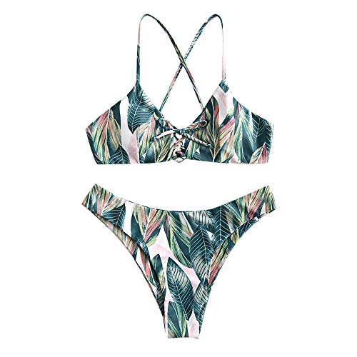 ZAFUL Bikini de verano para mujer, estampado de hojas, cordones, cruzado, traje de baño multicolor M