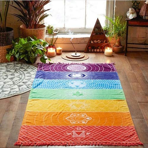 ZALE - Esterilla de yoga útil, diseño de rayas arcoíris bohemia para colgar en la pared, diseño de mandalas indias, para yoga de 7 chakras, para toalla de playa, esterilla de yoga, tamaño Multi