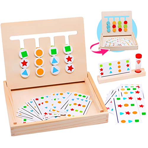 Zaloife Juguetes Montessori de Madera Puzzles de Color Tablero con Tarjetas de Patrón y Disco, Juego Educativos Niños, Juego de Regalo de Cumpleaños Rompecabezas para Niños 3 4 5 Años