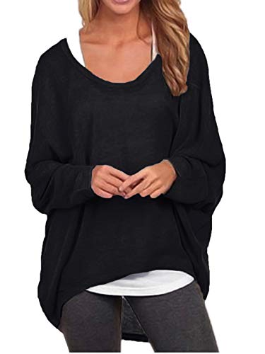 ZANZEA Mujeres Sexy Suelto Sólido Irregular Manga Larga Baggy Jumper Casual Tops Blusa Camiseta 01-Negro XL