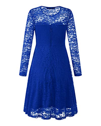 ZANZEA Vestido de Fiesta Encaje Manga Larga Mujer Tallas Grandes Vestidos Plisados Vestido de Cóctel de Noche Cortos 00-Azul+Larga M