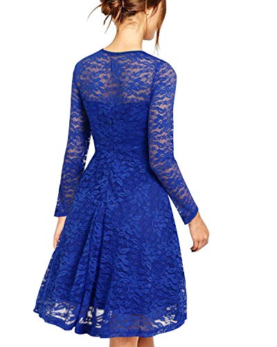 ZANZEA Vestido de Fiesta Encaje Manga Larga Mujer Tallas Grandes Vestidos Plisados Vestido de Cóctel de Noche Cortos 00-Azul+Larga M