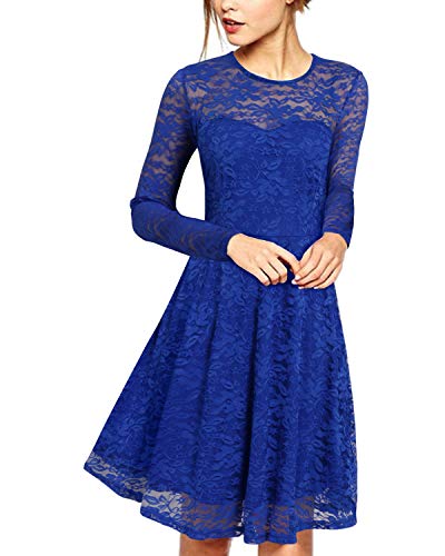 ZANZEA Vestido de Fiesta Encaje Manga Larga Mujer Tallas Grandes Vestidos Plisados Vestido de Cóctel de Noche Cortos 00-Azul+Larga M