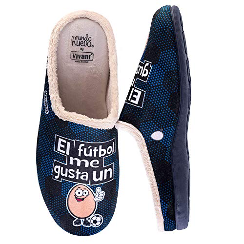 Zapatillas casa, comodas, con Pelo y Originales Frases graciosas de Deporte. El Futbol me Mola un Huevo Marino. Zapatillas de casa Españolas, Materiales Primera Calidad.