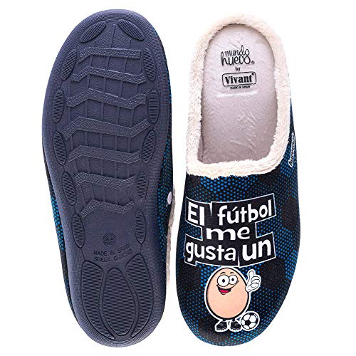 Zapatillas casa, comodas, con Pelo y Originales Frases graciosas de Deporte. El Futbol me Mola un Huevo Marino. Zapatillas de casa Españolas, Materiales Primera Calidad.