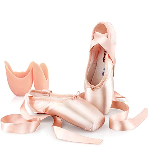 Zapatillas de Ballet para niñas/Mujeres en Color Rosa con Almohadillas para Puntera y Cintas Zapatillas de Ballet para niñas/Mujeres en Color Rosa con Almohadillas para Puntera y Cintas