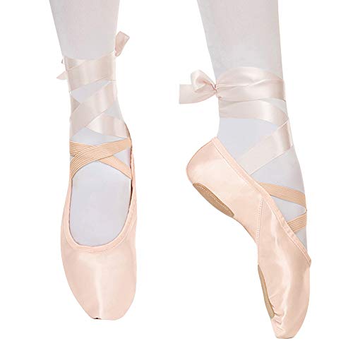 Zapatillas de Ballet Suela Partida Satín Zapatos de Danza y Gimnasia con Cinta para Niñas y Adultos 28 EU