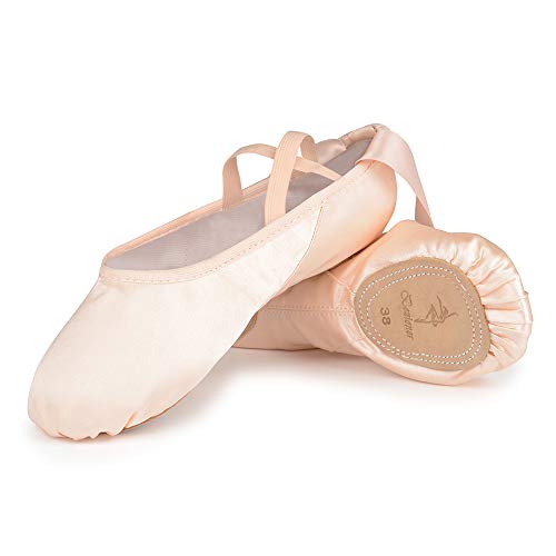 Zapatillas de Ballet Suela Partida Satín Zapatos de Danza y Gimnasia con Cinta para Niñas y Adultos 28 EU