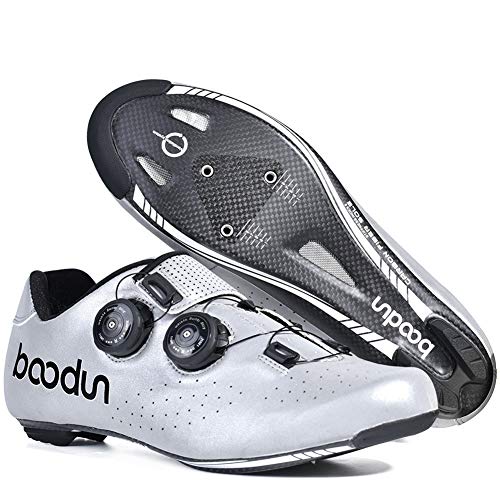 Zapatillas de Bicicleta Montaña Fibra Carbono Calzado Bicicleta Zapatos de Bicicleta Antideslizantes Transpirables para Hombres para Ciclismo Carretera de montaña （Plata）,44