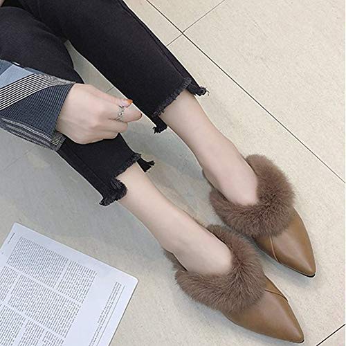 Zapatillas De Mujer, De Moda En Punta Zapatilla De Piel De Imitación De Felpa Antideslizante Cómodas Hogar Zapatillas,Lazy Mitad Pantuflas De Mujer Brown-36EU