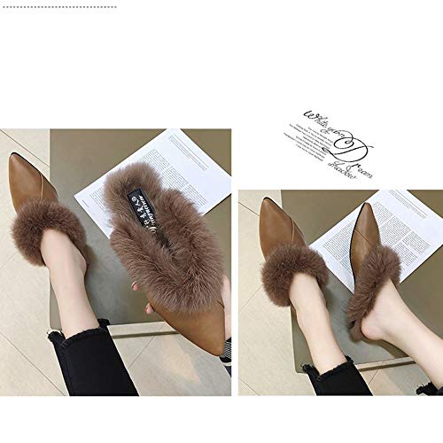 Zapatillas De Mujer, De Moda En Punta Zapatilla De Piel De Imitación De Felpa Antideslizante Cómodas Hogar Zapatillas,Lazy Mitad Pantuflas De Mujer Brown-36EU