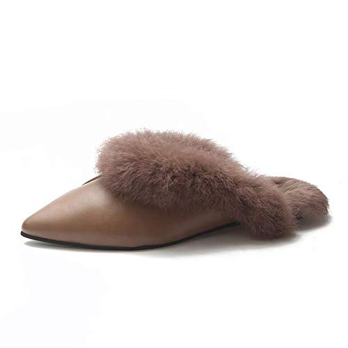 Zapatillas De Mujer, De Moda En Punta Zapatilla De Piel De Imitación De Felpa Antideslizante Cómodas Hogar Zapatillas,Lazy Mitad Pantuflas De Mujer Brown-36EU