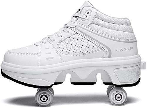 Zapatillas De Skate Unisex para Niños con LED, Monopatín Deportivo con Cuatro Ruedas Dobles, 7 Colores, Patines Luminosos Intermitentes, Zapatillas Deportivas Ajustables para Exteriores,White-38