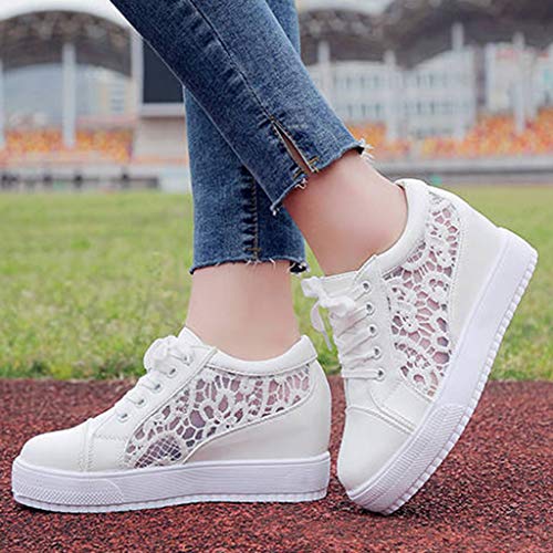 Zapatillas para Mujer Verano Deportivas Plataforma Cuña 2019 PAOLIAN Zapatos de Deporte con Tacón Zapatillas Interior Zapatos de Cordones Mujer Casual con Encaje Blanco 34-40EU