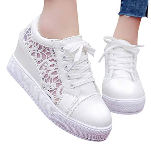 Zapatillas para Mujer Verano Deportivas Plataforma Cuña 2019 PAOLIAN Zapatos de Deporte con Tacón Zapatillas Interior Zapatos de Cordones Mujer Casual con Encaje Blanco 34-40EU