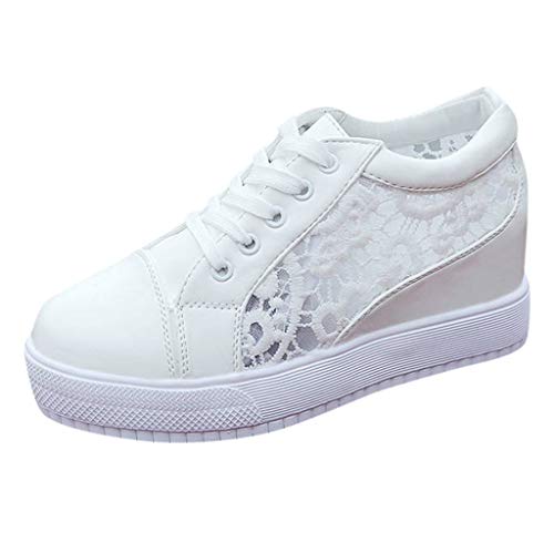 Zapatillas para Mujer Verano Deportivas Plataforma Cuña 2019 PAOLIAN Zapatos de Deporte con Tacón Zapatillas Interior Zapatos de Cordones Mujer Casual con Encaje Blanco 34-40EU