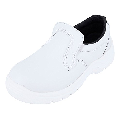 Zapato de cocina blanco con forma mocasín, ideal para la industria alimentaria con protección ISO20346, forma mocasín de cocina del 35 al 47, Blanco (blanco), 41 EU