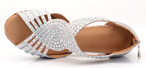 Zapatos de baile para mujer con tacón personalizado y puntera abierta Mary Latin Square con cremallera moderna, color Plateado, talla 39 EU Zapatos de baile para mujer con tacón personalizado y puntera abierta Mary Latin Square con cremallera moderna, color Plateado, talla 39 EU