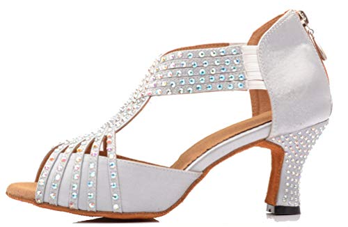 Zapatos de baile para mujer con tacón personalizado y puntera abierta Mary Latin Square con cremallera moderna, color Plateado, talla 39 EU