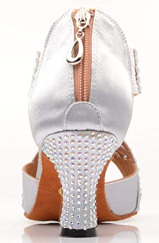 Zapatos de baile para mujer con tacón personalizado y puntera abierta Mary Latin Square con cremallera moderna, color Plateado, talla 39 EU Zapatos de baile para mujer con tacón personalizado y puntera abierta Mary Latin Square con cremallera moderna, color Plateado, talla 39 EU