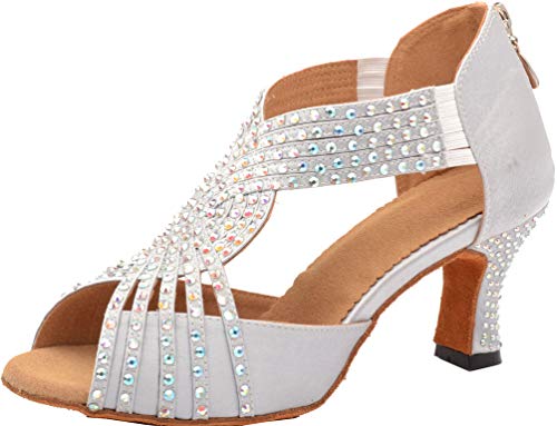 Zapatos de baile para mujer con tacón personalizado y puntera abierta Mary Latin Square con cremallera moderna, color Plateado, talla 39 EU