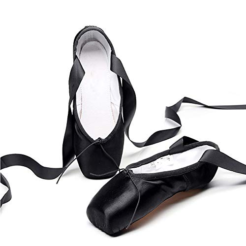 Zapatos de baile profesional, zapatillas de punta de ballet, zapatos planos del ballet, ballet Pointe zapatillas, con la cinta cosida y almohadillas para los dedos de silicona para mujeres,Negro,42