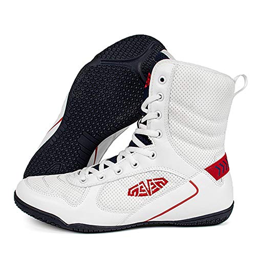 Zapatos De Boxeo De Los Hombres, Zapatillas De Deporte De Lucha Contra La Profesión Top Del Alto Transpirable Antideslizante Lucha Cubierta Cuclillas Entrenamiento De La Aptitud,Blanco,45EU