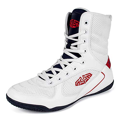 Zapatos De Boxeo De Los Hombres, Zapatillas De Deporte De Lucha Contra La Profesión Top Del Alto Transpirable Antideslizante Lucha Cubierta Cuclillas Entrenamiento De La Aptitud,Blanco,45EU