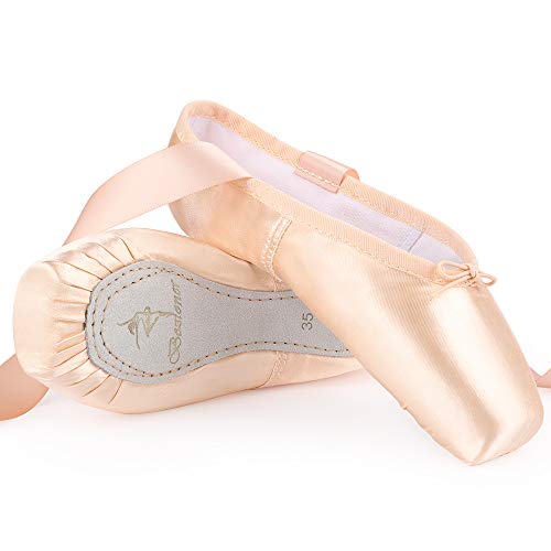 Zapatos de Danza de Punta Suave Zapatillas de Ballet para Principiantes con Puntera de Gel de Silicona y Cintas para Mujeres y Niñas 33 EU