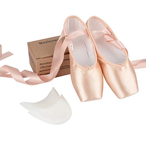 Zapatos de Punta Satén Zapatillas de Ballet con Puntera de Gel de Silicona y Cintas para Mujeres y Niñas 38