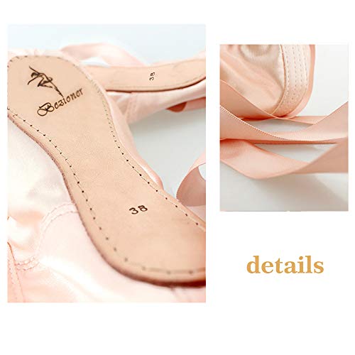 Zapatos de Punta Satén Zapatillas de Ballet con Puntera de Gel de Silicona y Cintas para Mujeres y Niñas 39