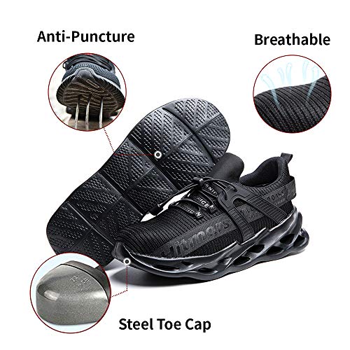 Zapatos de Seguridad Hombre Mujer Zapatillas de Trabajo con Punta de Acero Ligeros Calzado de Industrial y Deportivos Sneaker Negro Azul Gris Número 36-48 EU Negro 39
