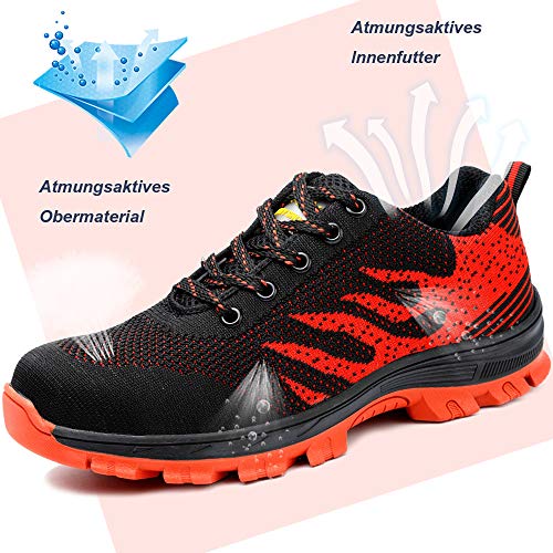 Zapatos de Seguridad para Hombre Zapatillas Zapatos de Mujer Seguridad de Acero Ligeras Calzado de Trabajo para Comodas Unisex Zapatos de Industria y Construcción Rojo 43