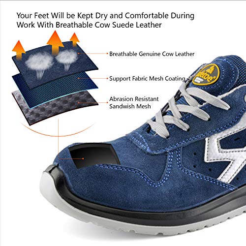 Zapatos de Seguridad para Hombres con Puntera de Fibra de Vidrio - SAFETOE 7328 Zapatillas Ultra-Ligeras Azul (Talla 44, Azul)