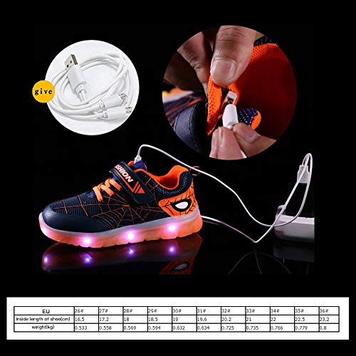 Zapatos Led Hombre araña Niños Niñas 7 Color USB Carga Luces Zapatillas, Flashing Zapatillas,Víspera de Todos los Santos.