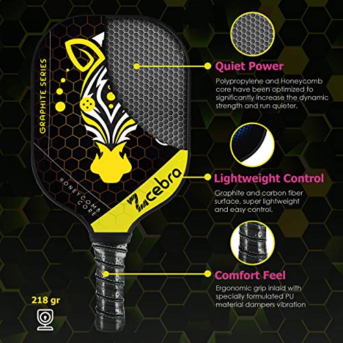 ZCEBRA Pala de Pickleball Grafito - Raqueta Ligera Fibra de Carbono núcleo de Panel de Abeja Polipropileno Texturizada – Set Funda Neopreno Grip Extra